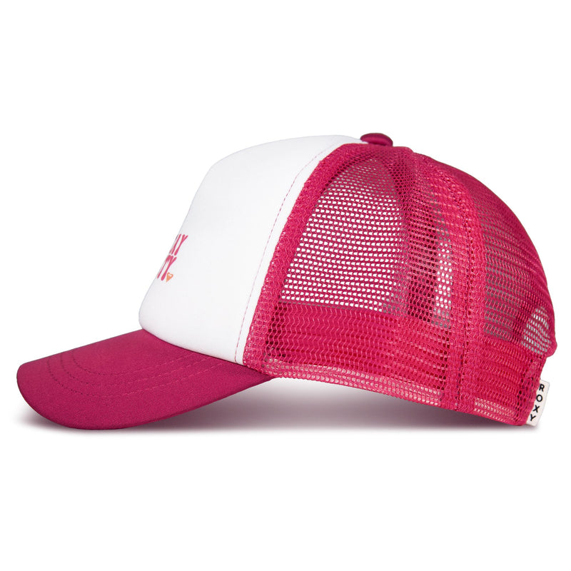 A side view of the Roxy Sandy Top Trucker cap shows its white front panel with a pink mesh back and brim, featuring an adjustable snapback for comfort and sun protection.