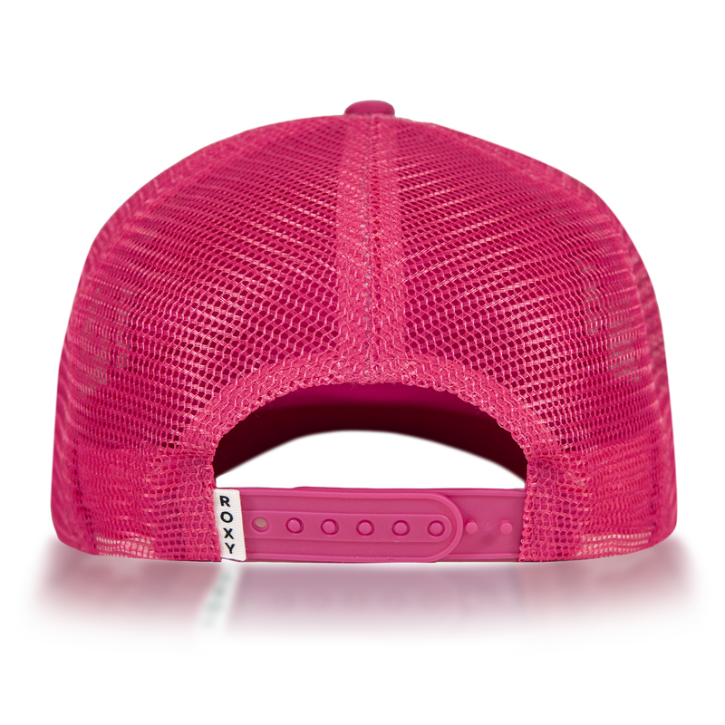 A pink mesh Roxy Sandy Top Trucker cap is shown from the back, highlighting its adjustable snapback closure and a small white tag with “Roxy” on it, combining comfort with stylish sun protection.