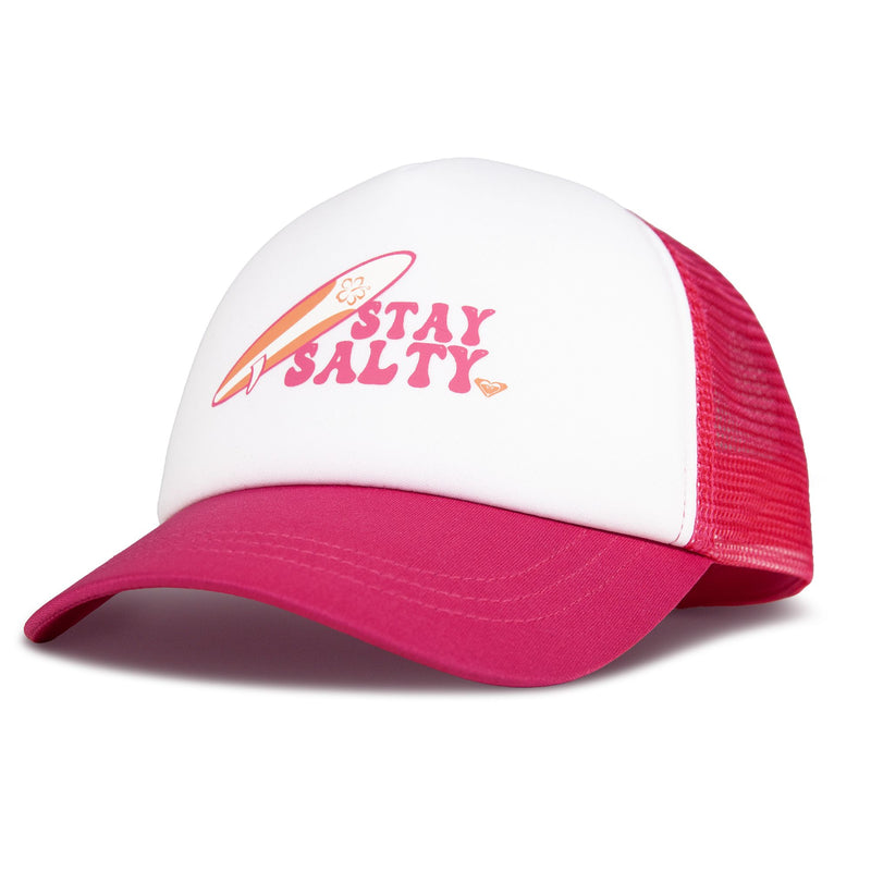 The Sandy Top Trucker by Roxy is a pink and white trucker cap featuring a surfboard graphic and the phrase “Stay Salty” in pink letters on the front, complete with an adjustable snapback for a perfect fit and enhanced sun protection.