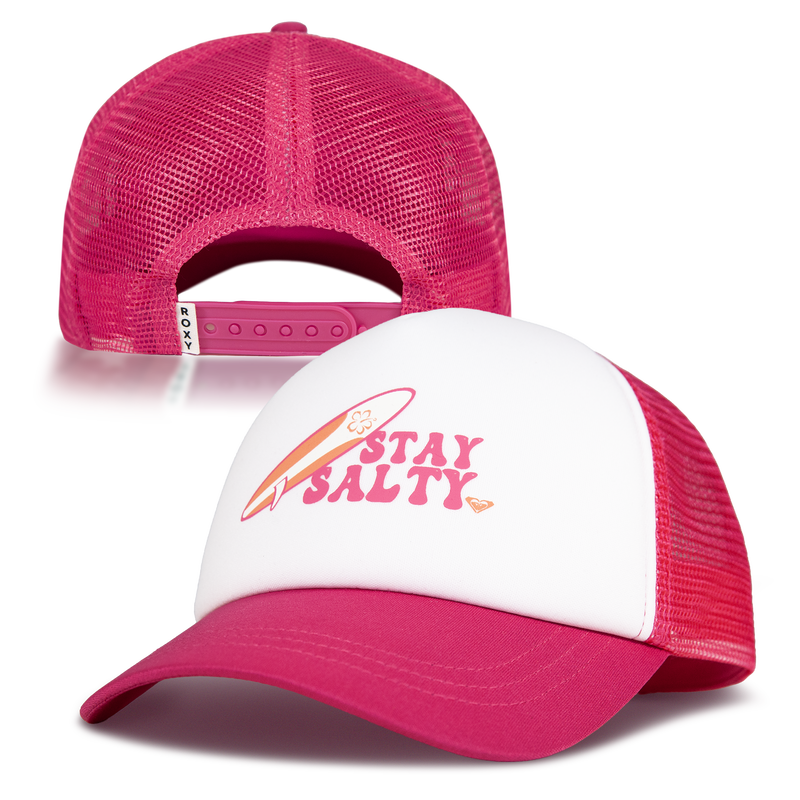 The Sandy Top Trucker by Roxy is a stylish pink and white trucker cap featuring “STAY SALTY” and a surfboard graphic on the front. It has an adjustable pink mesh snapback closure at the back, plus a small white tag with black lettering. Designed for casual sun protection, this comfortable hat is perfect for all your outdoor adventures.