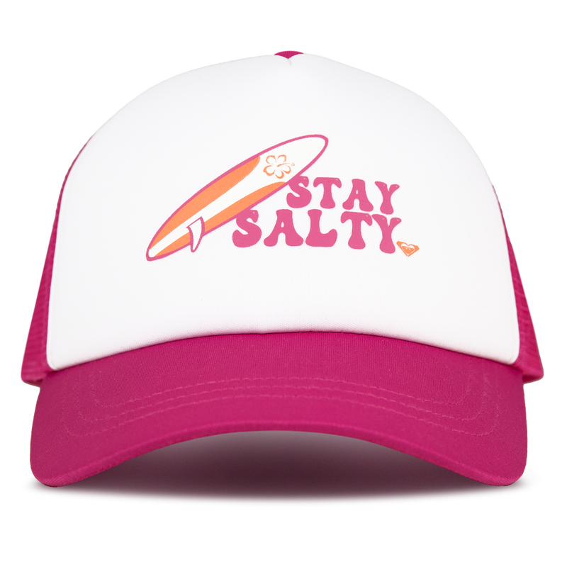 The Sandy Top Trucker by ROXY in Pink Tide is an adjustable snapback cap featuring a surfboard graphic and bold pink “STAY SALTY” lettering on the front, offering stylish sun protection for all your beach adventures.