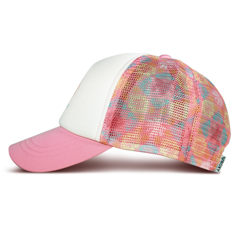 Side view of the Roxy RG Donut Spain Trucker hat, featuring a white front panel, solid pink brim, and a vibrant mesh back in shades of pink, yellow, and blue. A small fabric tag accents the back of this stylish casual accessory.