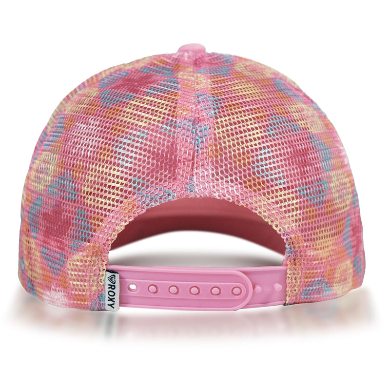 A pink mesh baseball cap with a vibrant tie-dye pattern, the Roxy RG Donut Spain Trucker is shown from the back, featuring an adjustable snap closure and a small Roxy brand tag on the side. Designed in the classic trucker hat style, this casual accessory is perfect for laid-back outings.