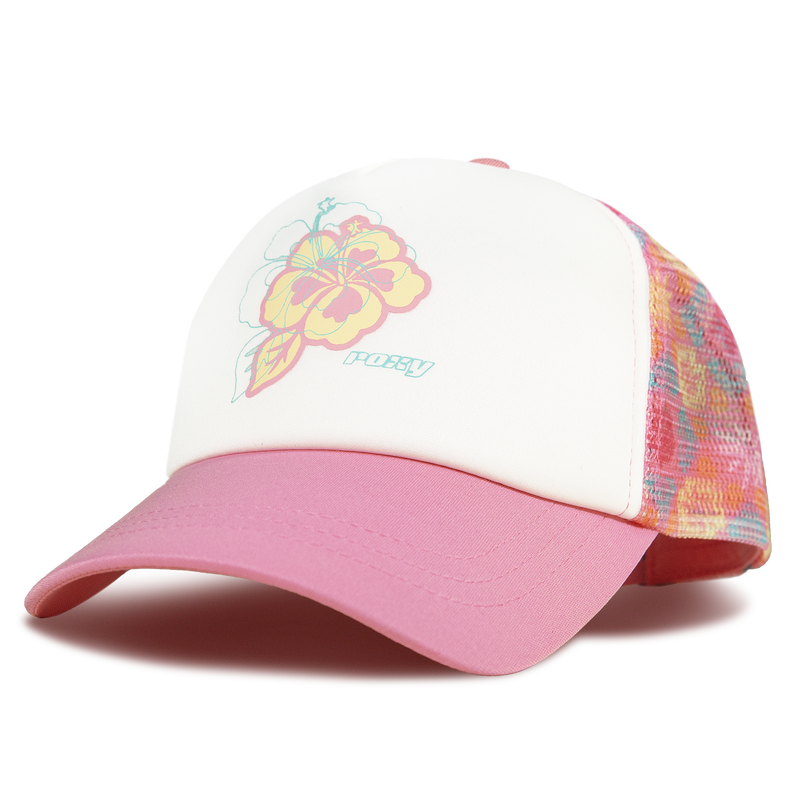 Add a fun flair to your casual style with the Roxy RG Donut Spain Trucker hat. This eye-catching accessory showcases a crisp white front panel, vibrant pink brim, and multicolored mesh sides. The front features a bold yellow and pink hibiscus flower graphic next to the Roxy logo—making it a standout addition to any laid-back outfit or hat collection.
