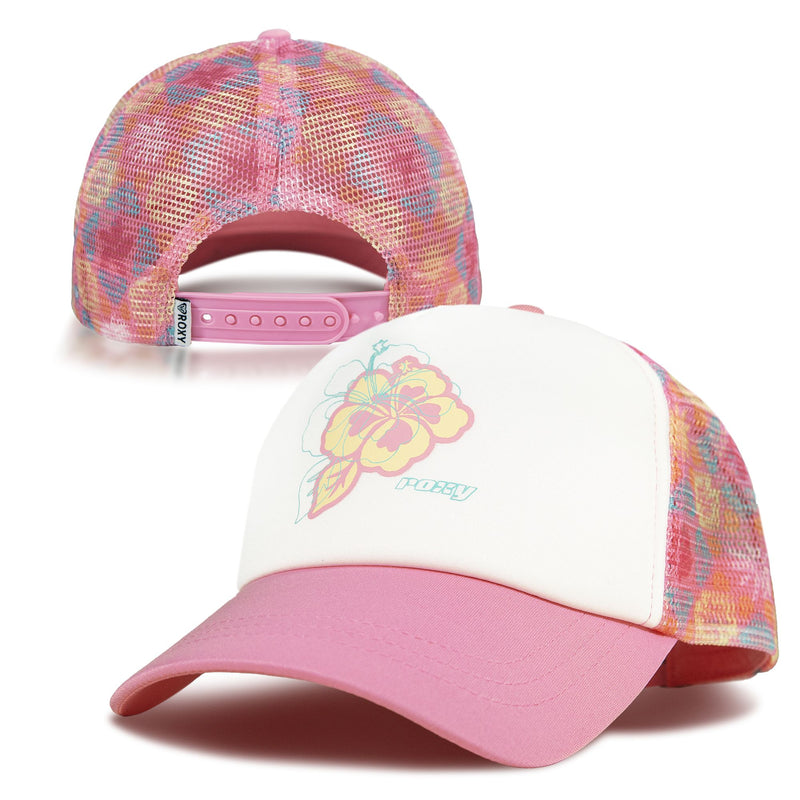 Front and back views of the RG Donut Spain Trucker by Roxy, a pink mesh trucker hat with a white front panel decorated with a yellow and pink hibiscus flower graphic. This casual accessory features a pink brim and an adjustable snap closure at the back.