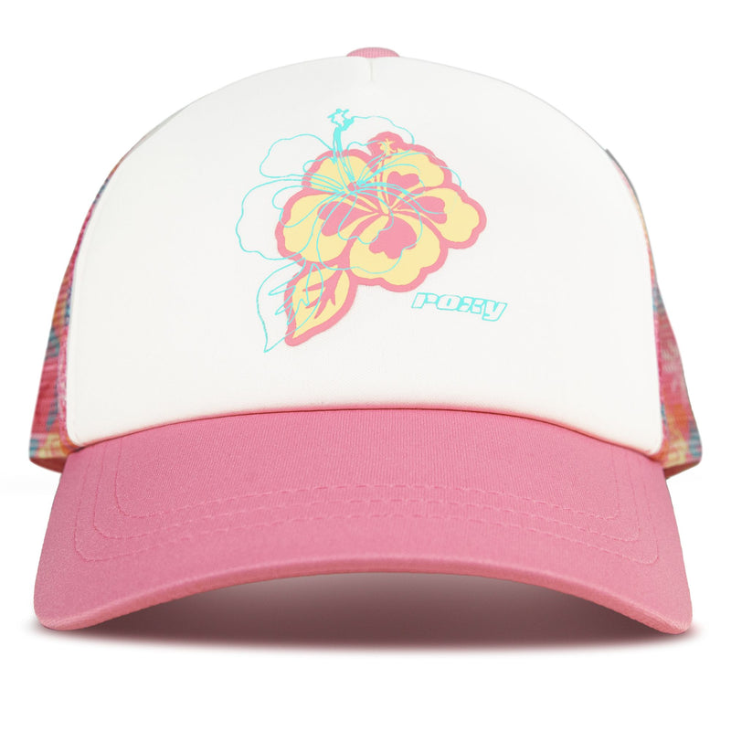 The RG Donut Spain Trucker by Roxy, in the vibrant Hippie Hour Pink color, features a playful pink and white design with a yellow and pink hibiscus flower and the Roxy logo on the front. With its colorful, patterned mesh sides and back, this trucker hat is a perfect casual accessory to add a fun pop of color to any laid-back look.