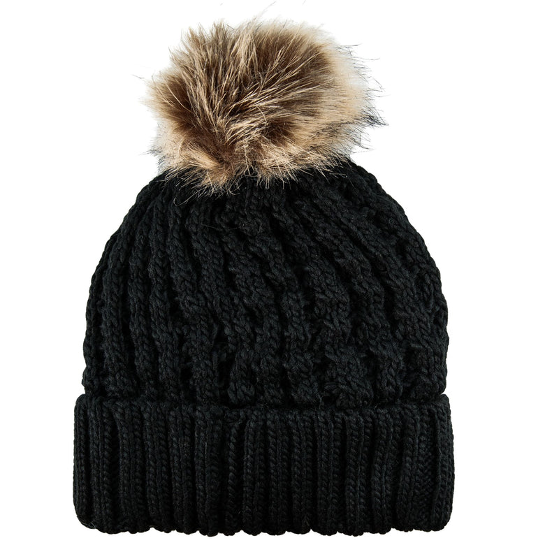 Black ROXY Blizzard beanie in a chunky knit with a ribbed cuff and a faux fur pom-pom.
