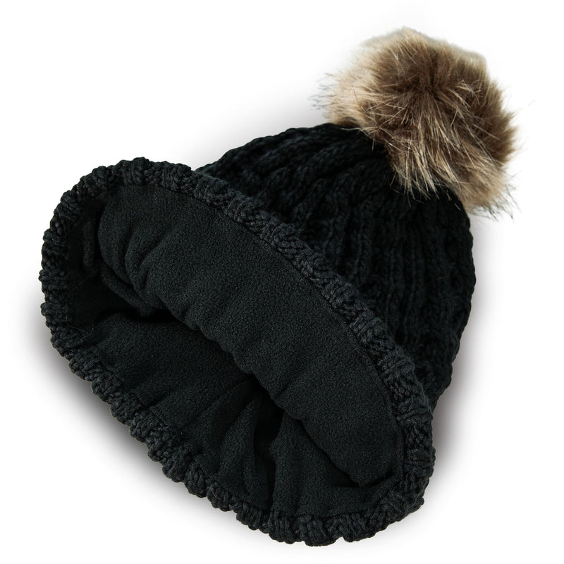 ROXY Blizzard Beanie featuring a chunky knit design, a faux fur pom-pom, and a fleece lining.