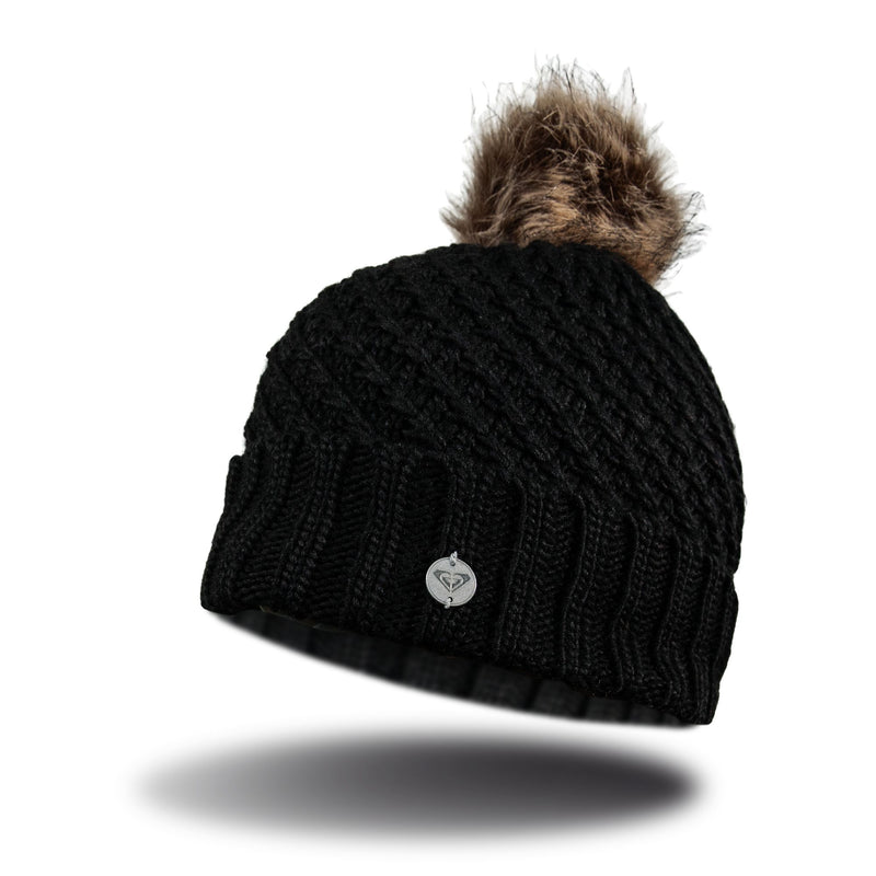 Roxy Blizzard Beanie, a black chunky knit hat featuring a brown faux-fur pom-pom and a small silver logo charm.