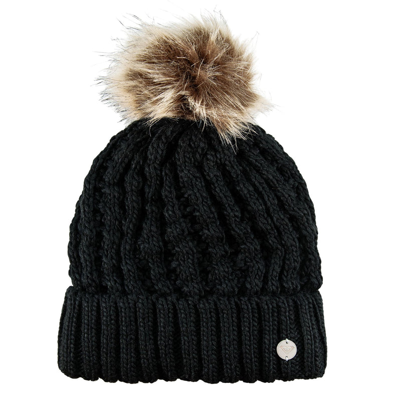 Black Roxy Blizzard Beanie in a chunky knit with a large faux fur pom-pom and a small silver logo charm on the ribbed cuff.