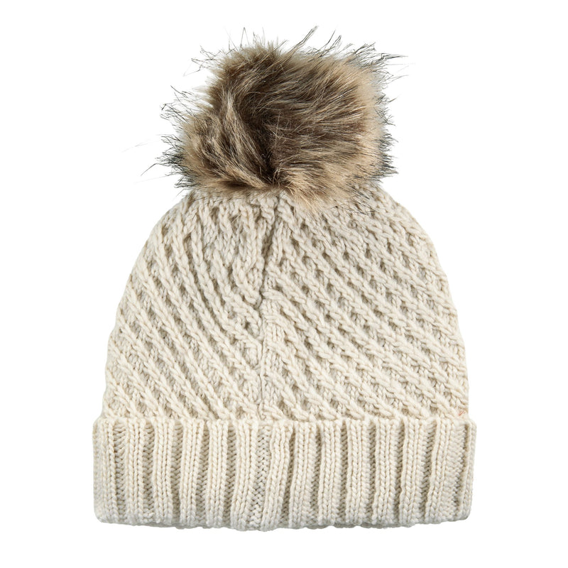 Cream-colored Roxy Blizzard Beanie featuring a diagonal ribbed pattern and a faux fur pom-pom on top.