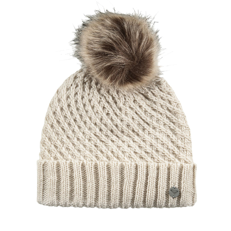 Off-white Roxy Blizzard Beanie featuring a chunky knit, cuffed brim, diagonal ribbed pattern, and a faux-fur pom-pom.