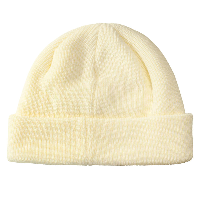 A cream-colored, chunky knit Blizzard Beanie by Roxy, featuring a folded brim and cozy style, displayed on a white background.
