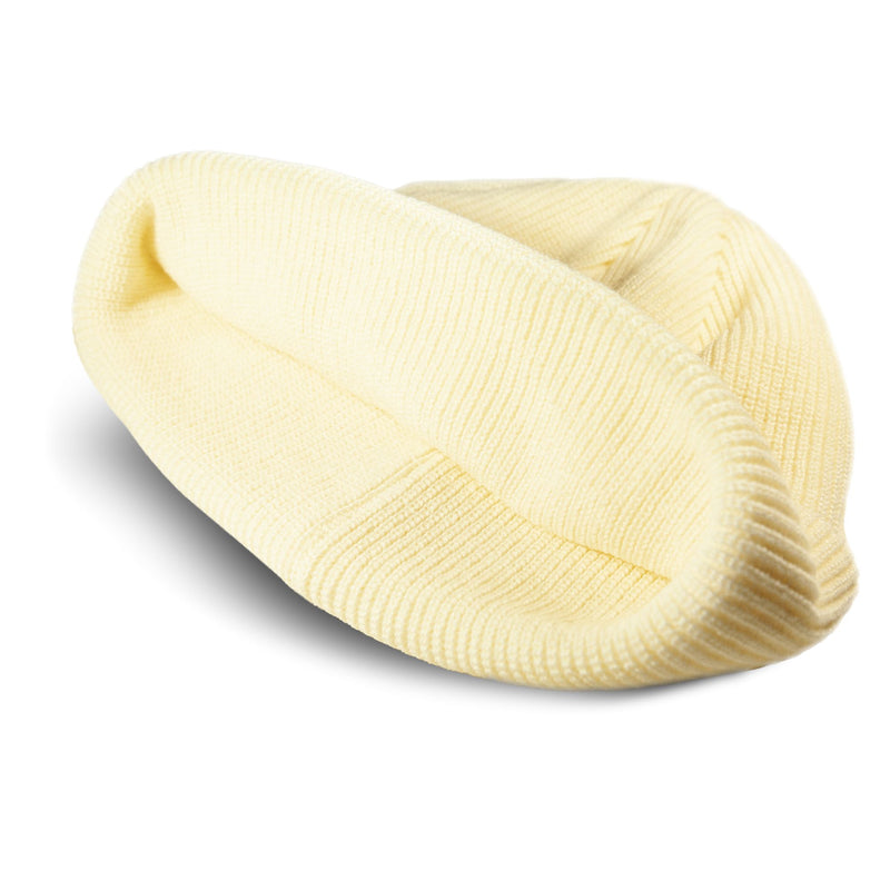 The Roxy Blizzard Beanie, in light yellow, is displayed on its side against a white background, highlighting its chunky knit construction, ribbed texture, and folded brim.