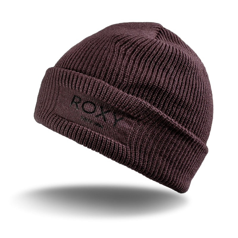 Dark purple ribbed knit Roxy Folker Beanie with a folded cuff and the brand name embroidered on the front.