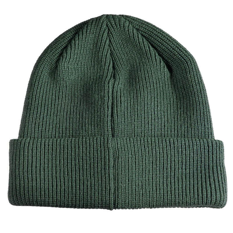 Dark green Roxy Folker Beanie in a rib knit featuring a folded cuff and double-layer construction.