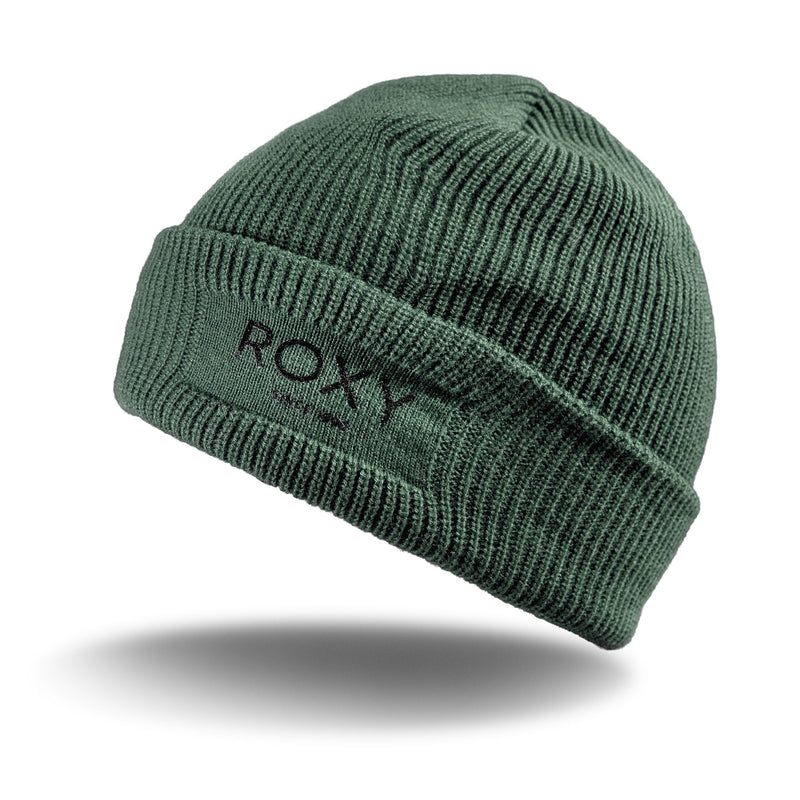 Dark green ROXY Folker Beanie in a rib knit featuring a folded cuff with the brand name embroidered on the front.