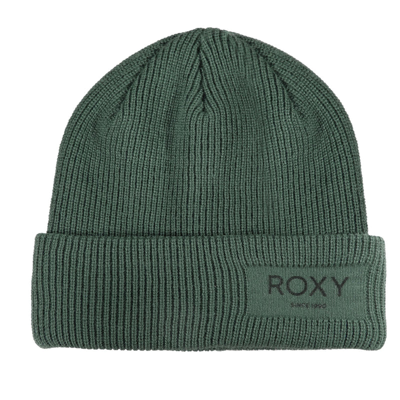 Duck green Roxy Folker Beanie in a rib knit featuring a double-layer construction, a folded cuff, and a branded patch on the front.