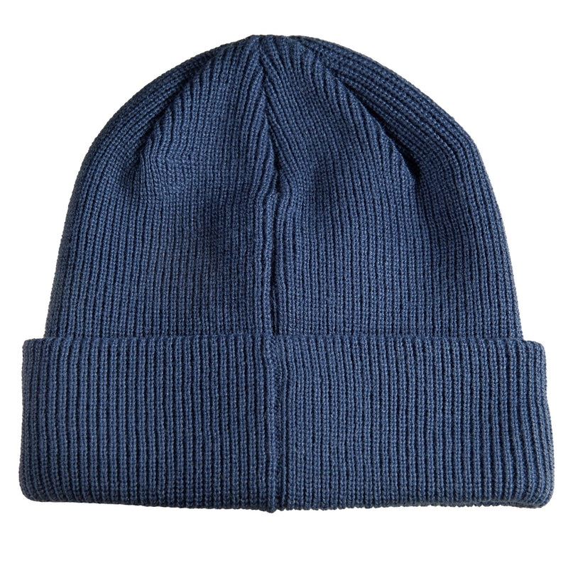 Navy blue Roxy Folker Beanie in a rib knit style with a folded cuff.