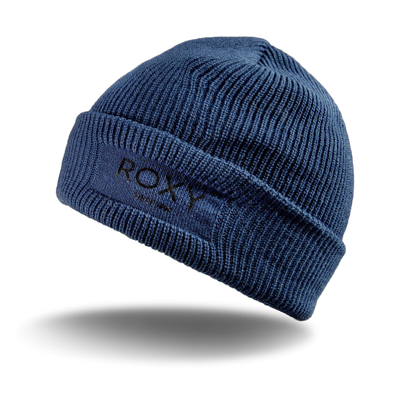 Blue ribbed ROXY Folker Beanie with a folded cuff and the brand name embroidered on the front.
