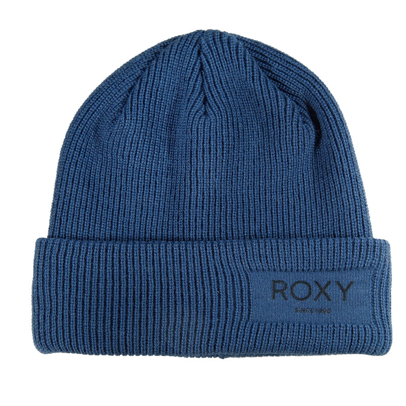 Ensign Blue ribbed Folker Beanie by ROXY with a folded cuff featuring a rectangular brand logo patch.