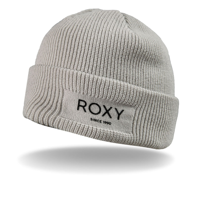 Light gray ribbed knit Folker Beanie with a folded cuff featuring a patch that reads ROXY SINCE 1990, perfect as a winter beanie.
