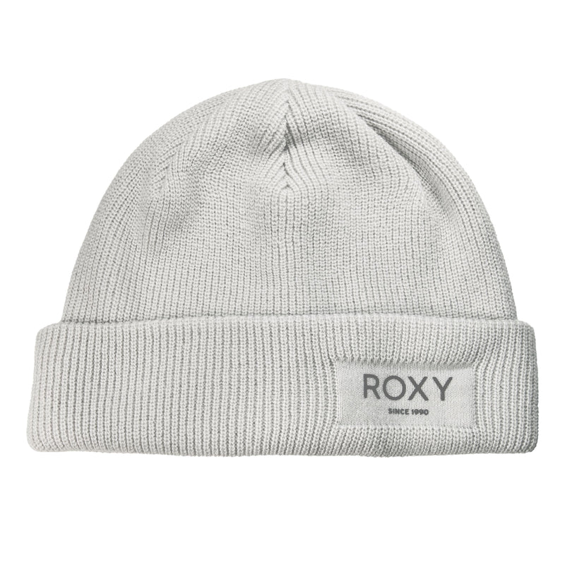 Grey violet Roxy Folker Beanie in a rib knit style with a folded cuff and a branded patch.