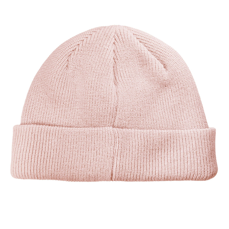 Light pink Roxy Folker Beanie with a rib knit, cuffed design.