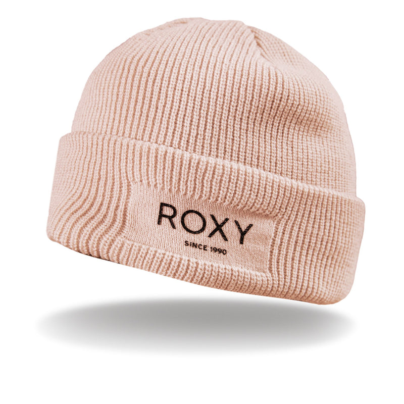 Light pink ribbed knit Roxy Folker Beanie with a folded cuff featuring a rectangular patch that reads ROXY SINCE 1990.