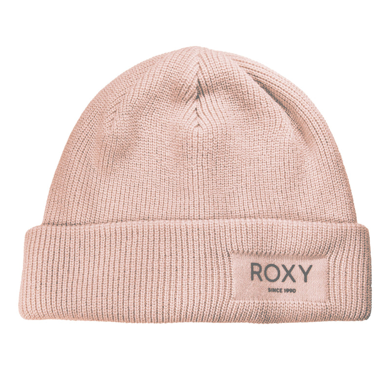 Pink salt ROXY Folker Beanie in a rib knit style with a folded cuff featuring a square brand logo patch.