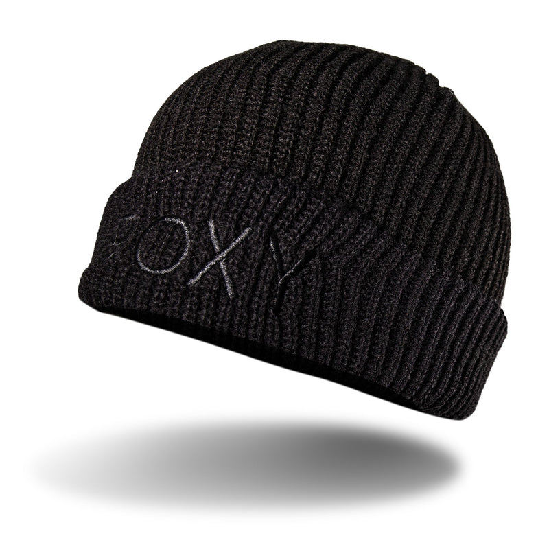 Black ribbed knit Freja Beanie by Roxy with a folded cuff featuring embroidered lettering.