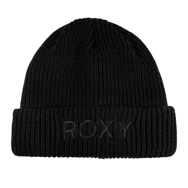 Black rib knit Freja Beanie with a folded cuff featuring the Roxy logo embroidered on the front.