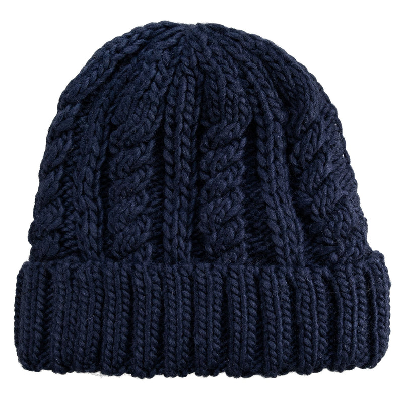 The Tram Beanie by Roxy is a navy blue, chunky cable knit beanie with a folded brim and cozy fleece lining—perfect for women who want both warmth and style.