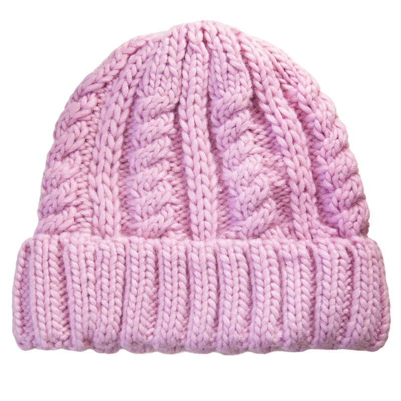 The Roxy Tram Beanie is a pink knitted women’s hat featuring a thick ribbed cuff and a textured cable-knit pattern, crafted for both style and warmth.