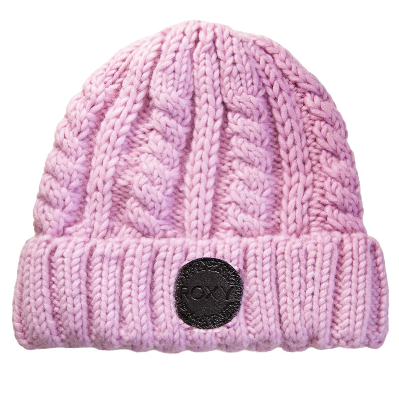 A pastel lavender cable knit beanie with thick, chunky cables and a black circular patch labeled Roxy on the folded brim, the Tram Beanie is crafted for both style and warmth.