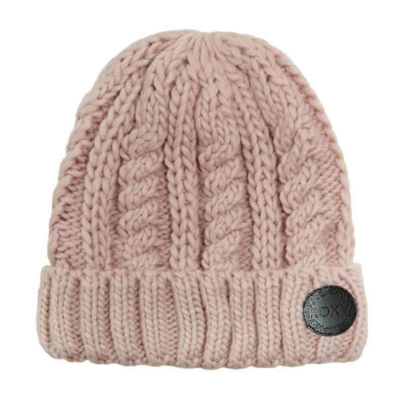 The Tram Beanie by Roxy, in a chunky Zephyr pink cable knit with a thick folded brim and a round black patch label reading ROXY on the front, is a fleece-lined women’s beanie that offers both warmth and style for chilly days.