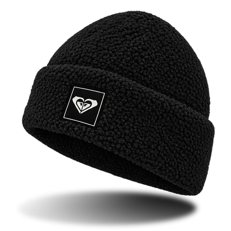 Black Roxy Valwood Beanie in a textured knit with a cuffed design and a square patch featuring a heart logo.