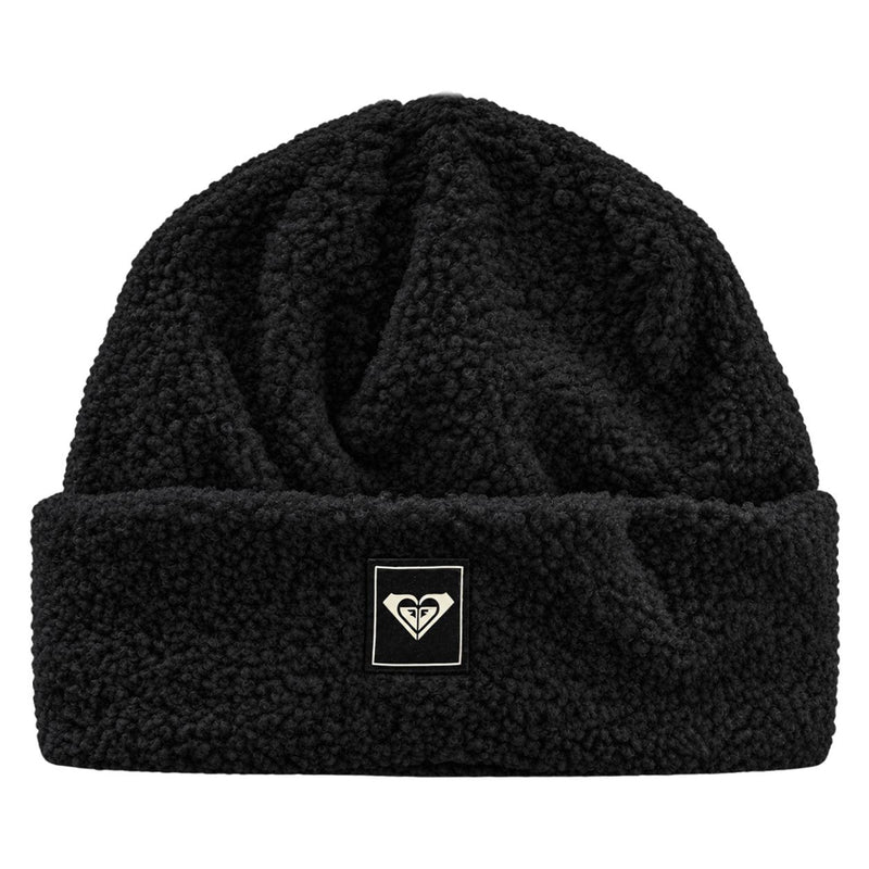 Black textured Roxy Valwood Beanie with a square logo patch on the folded cuff.