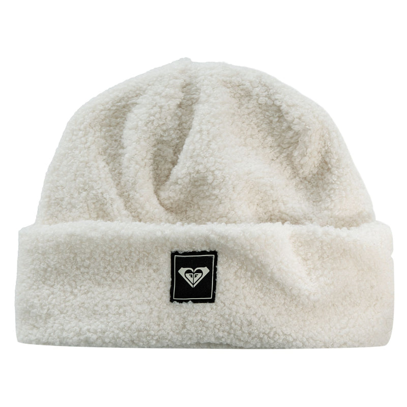 Buttercream-colored textured sherpa Valwood Beanie with a folded cuff and a square Roxy logo patch on the front.