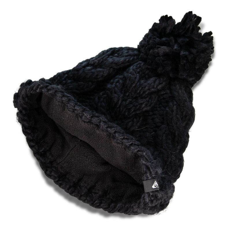 A black Roxy Winter Beanie for women, shown at an angle, featuring a large pom-pom on top and a soft fleece lining for extra warmth.