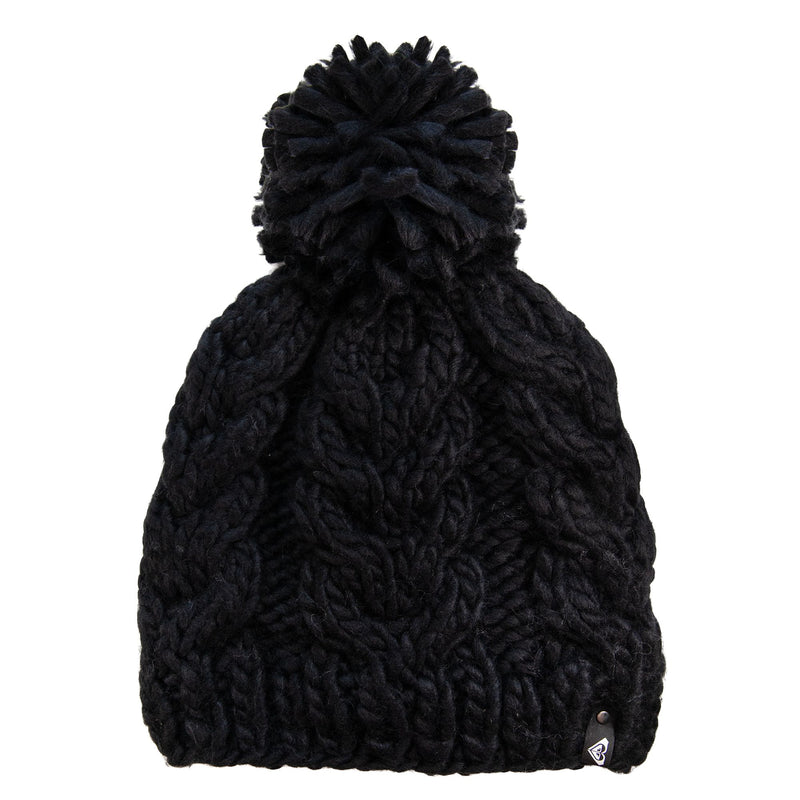 The Roxy Winter Beanie is a black knitted hat featuring thick cable detailing and a large pom-pom on top. A small metal logo tag is attached near the edge, adding a stylish touch to this women’s beanie.