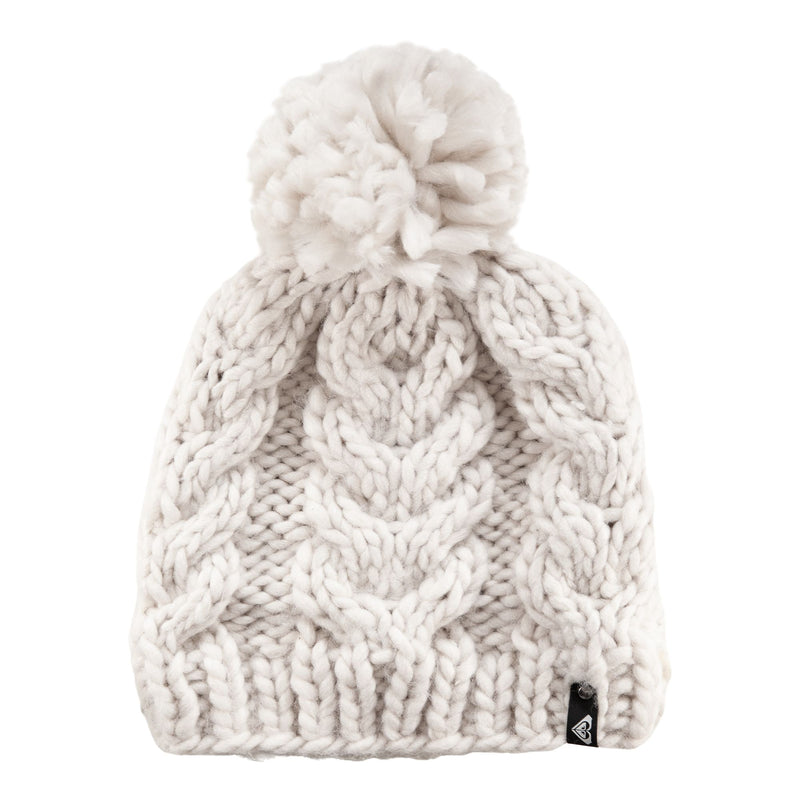The Roxy Winter Beanie in Buttercream is a chunky knit women’s hat with a cozy fleece lining, topped with a pom-pom and finished with a small black tag at the brim—perfect for chilly days.