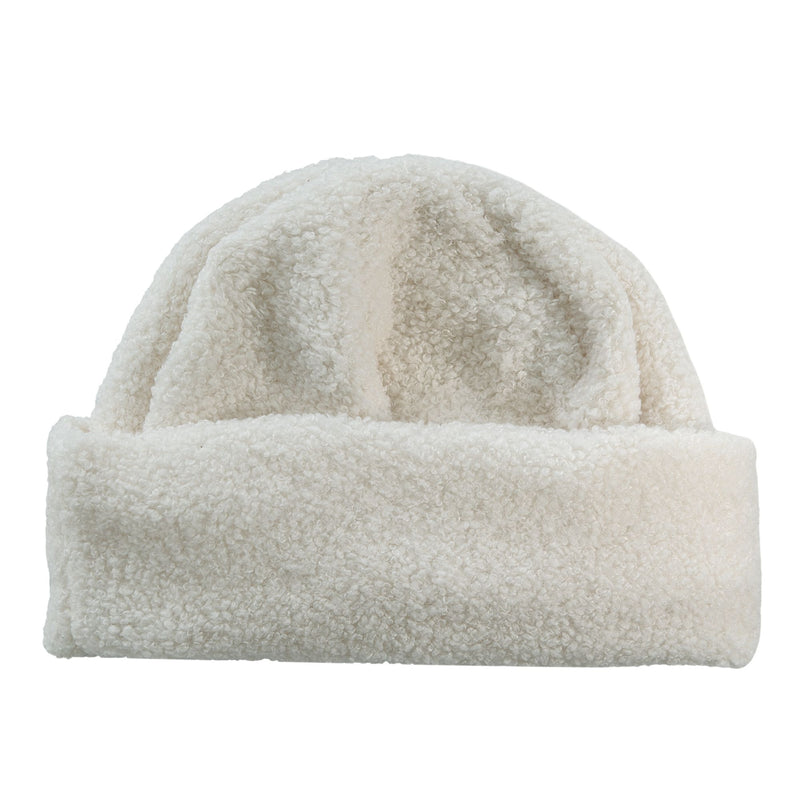 Off-white Roxy Valwood Beanie with a wide, folded cuff and a textured, fleece-like sherpa finish.