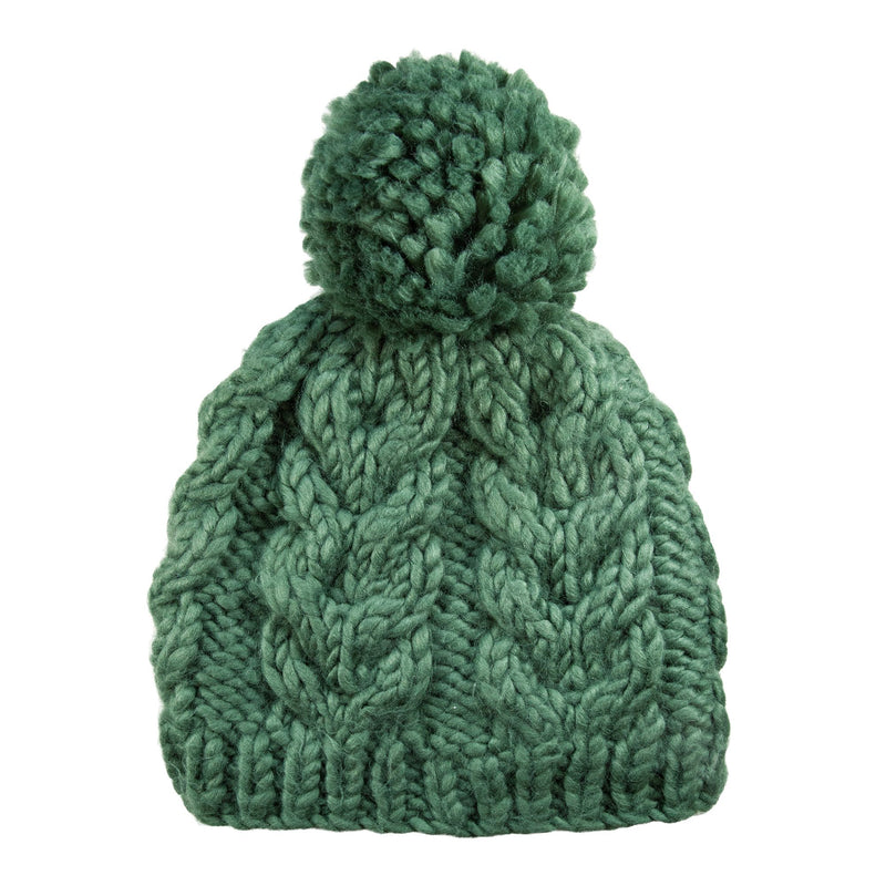 The Roxy Winter Beanie is a green, chunky cable-knit women’s hat with a large pom-pom on top, designed to provide extra warmth and comfort for winter.