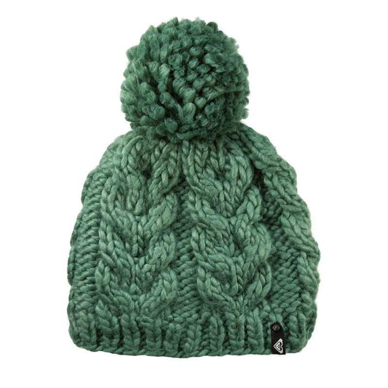 The Roxy Winter Beanie in duck green is a chunky knit women’s hat featuring a large pom-pom on top and a small black tag on the lower edge, offering both style and coziness for cold days.