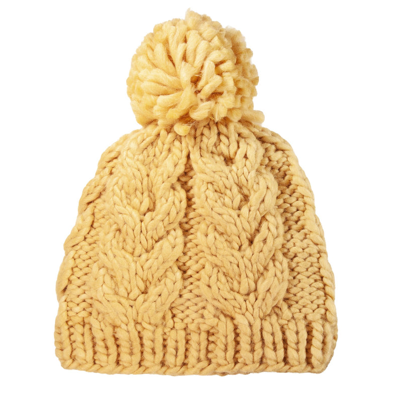 The Roxy Winter Beanie is a yellow chunky knit hat featuring a bold braided pattern, a large pom-pom on top, and a cozy fleece lining for extra warmth—making it the perfect women’s winter accessory.