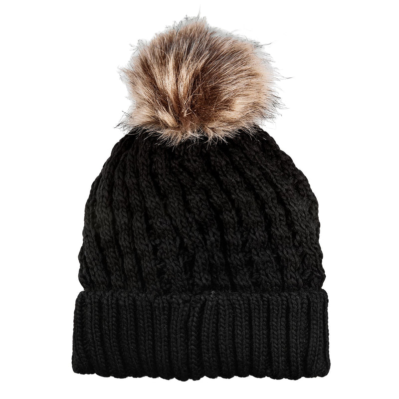The Roxy Girls Blizzard Girl Beanie by Roxy is a black cable knit hat featuring a wide ribbed cuff and topped with a large brown and white faux fur pom-pom.