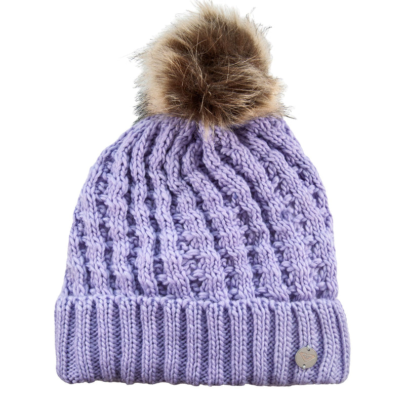 The Roxy Girls Blizzard Girl Beanie in Sunlit Allium features a chunky cable knit design with a folded brim and a fluffy brown faux fur pom-pom on top. This stylish winter hat from Roxy also includes a soft polar fleece lining for added warmth and comfort.