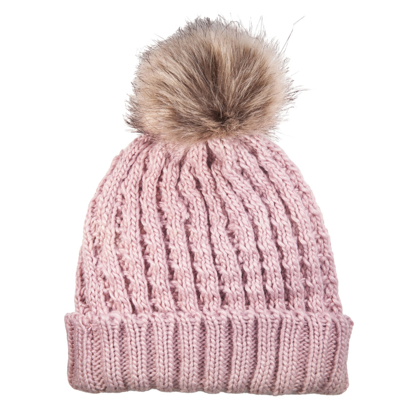 The Roxy Girls Blizzard Girl Beanie by Roxy is a pink cable knit hat with a ribbed texture, featuring a large faux fur pom on top and a cozy polar fleece lining for added warmth.