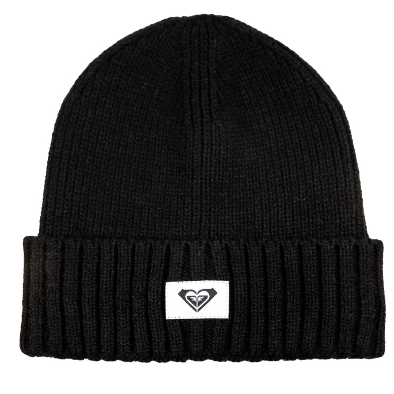 Black Roxy Girls So Peaceful Beanie in a rib knit style with a cuffed brim and a rectangular patch featuring a white heart-shaped logo.